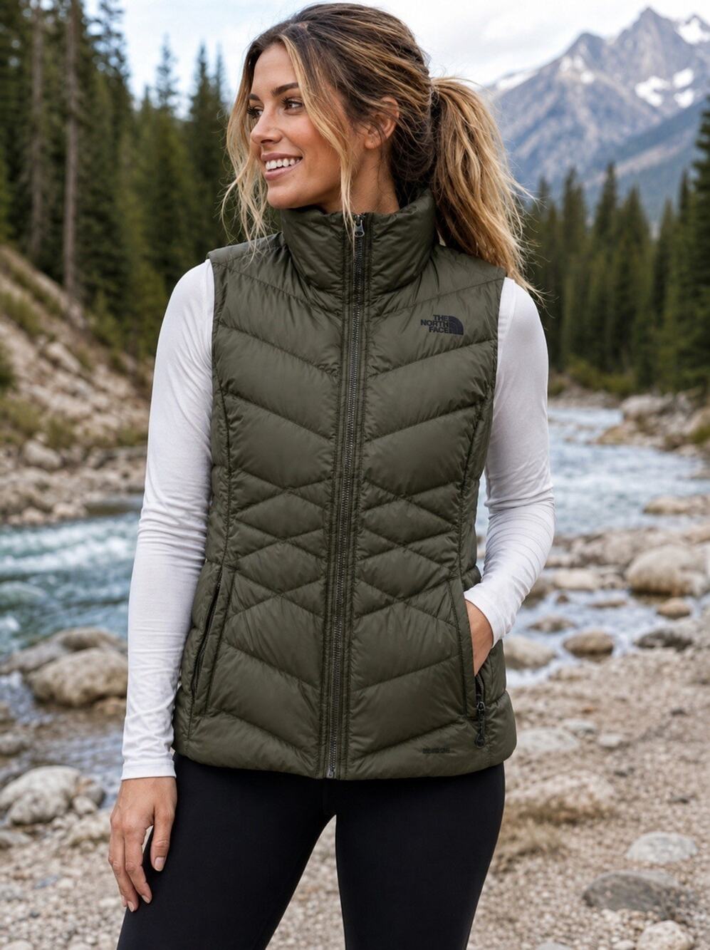 The North Face 550 Puffer Vest Womens M Goose Down 75% Dark Olive Green